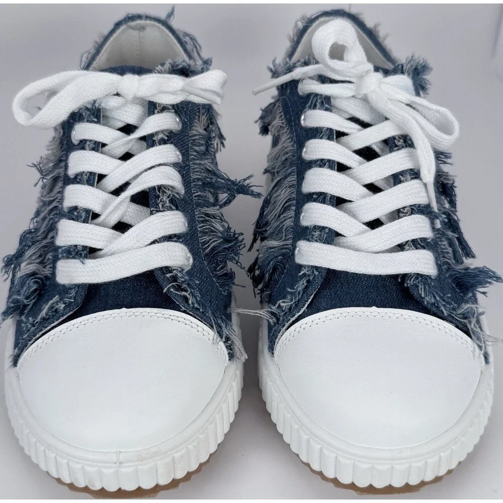Yoki Denim Platform Sneakers Frayed Distressed Grunge Y2K Shoes Womens 9